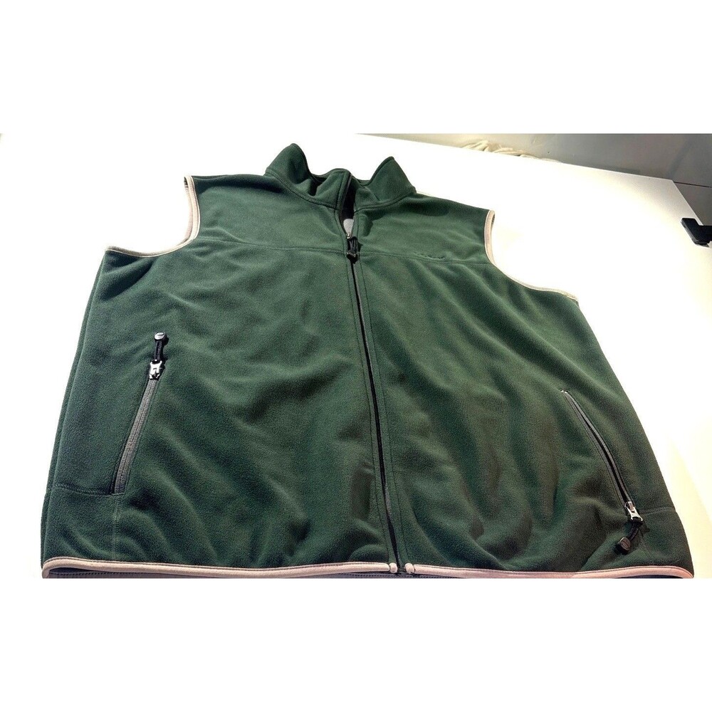 LL Bean Mens Large Dark Green Full Zip Collared Fleece Sweater XL Sleeveless